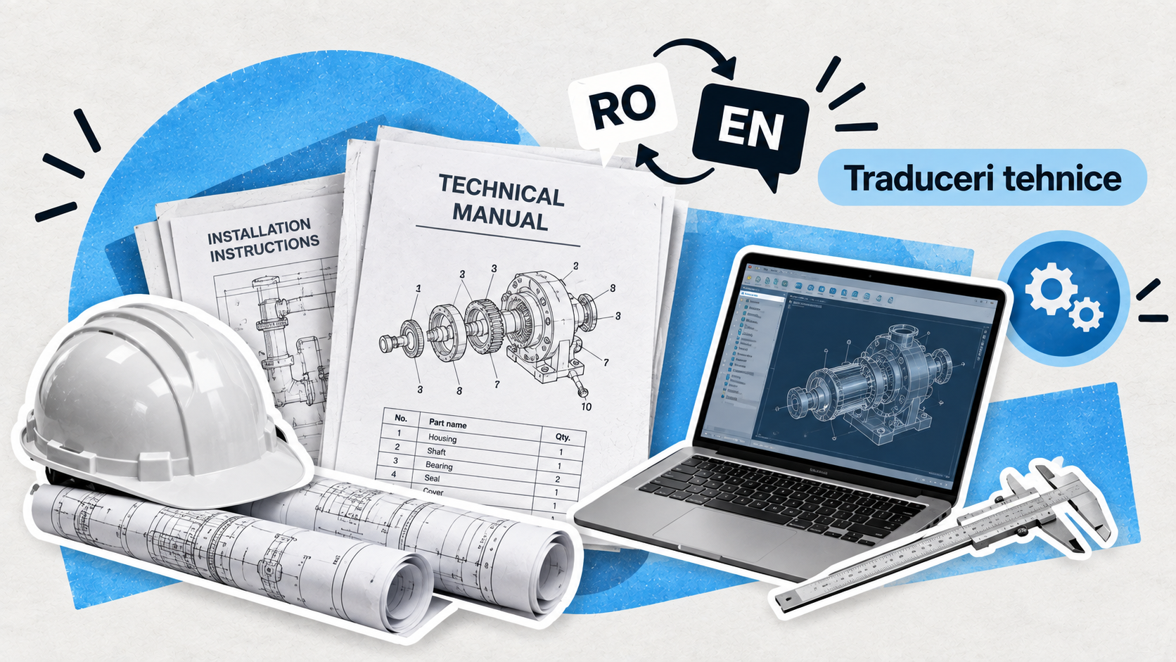 Ilustrație cu manuale și planuri tehnice, un laptop cu desen mecanic, o cască de protecție și un șubler.